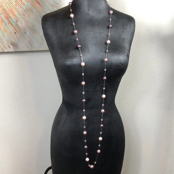 Faux Pearl Rhinestone Necklace Purple & Champagne On Silver Tone Chain - Picture 6 of 16